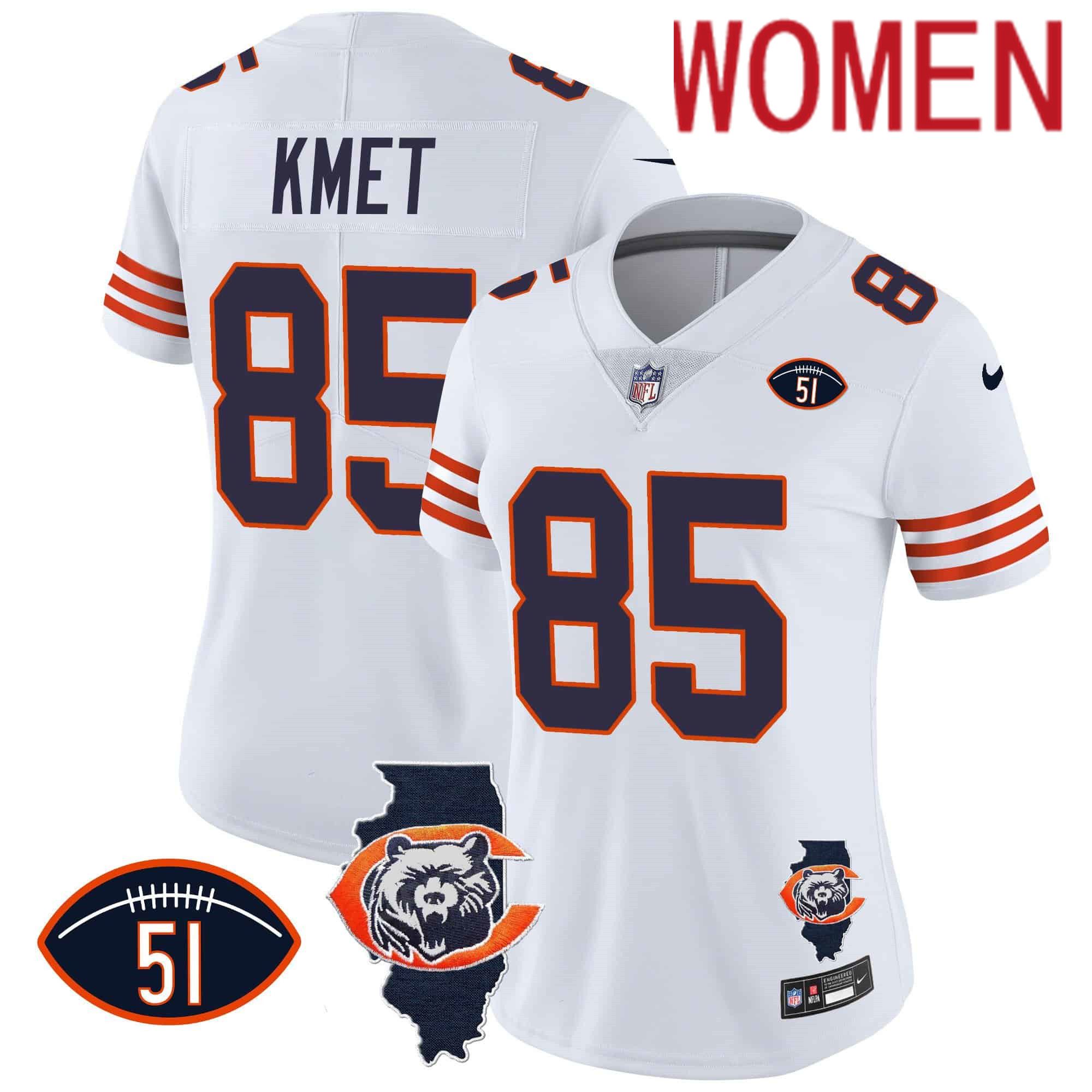 Women Chicago Bears #85 Kmet White 2024 Nike Throwback Illinois Patch Vapor NFL Jersey
